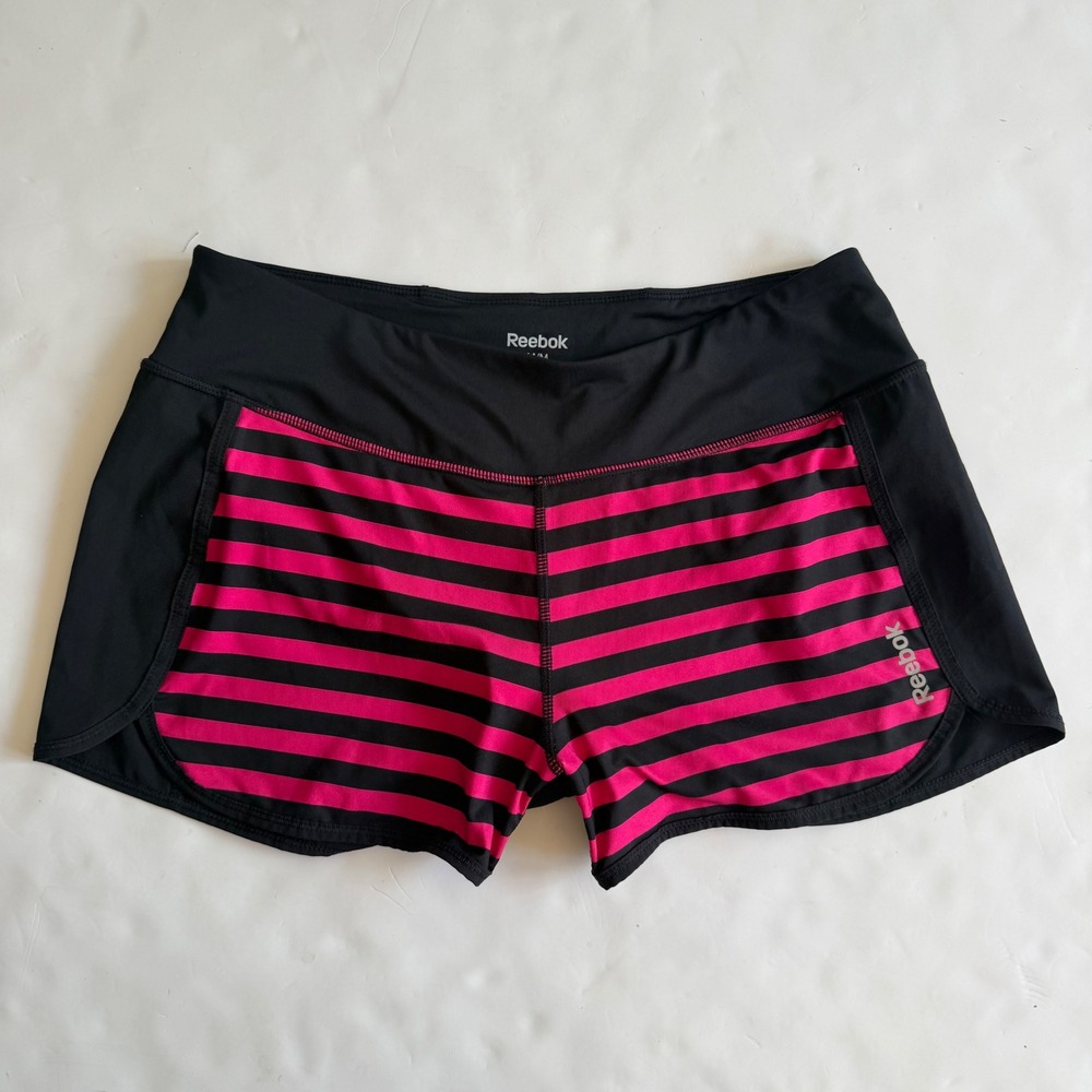 Reebok Womens Pink Black Striped Running Shorts Athleisure Y2K Alt Goth Medium